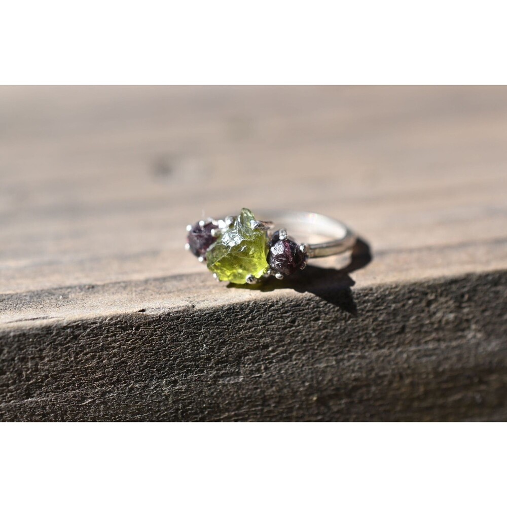 Boho Ring Raw Garnet and Peridot Engagement Ring Rough Wedding Band Unique Gemst